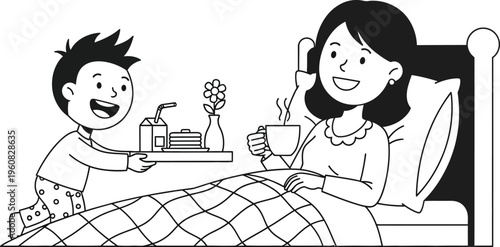 A smiling boy brings a breakfast tray with food and drinks to a woman in bed, representing a caring gesture.