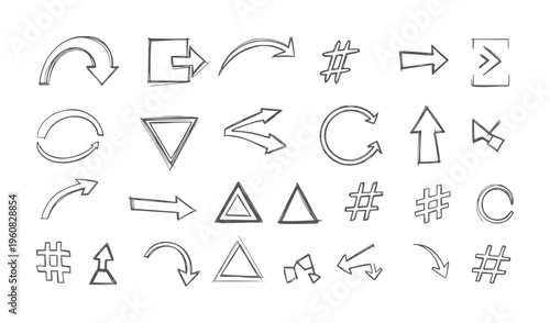 Hand drawn collection of arrows hashtags and geometric shapes in dark gray triangle