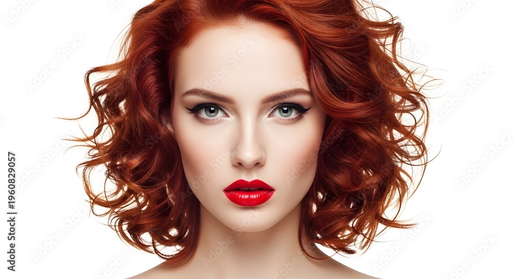 Fototapeta premium Beautiful Woman with Red Hair and Red Lipstick on White Background