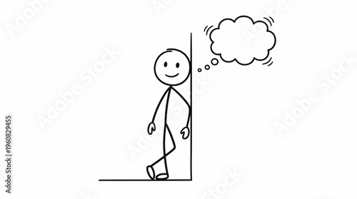 Stick figure person leaning against a wall, thinking or daydreaming with a thought bubble, isolated white background.
