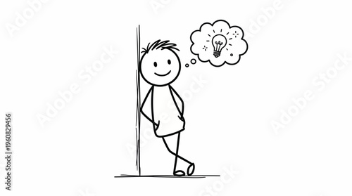 Stick figure man leaning against a wall, happily having a bright idea represented by a lightbulb in his thought bubble, on an isolated white background.