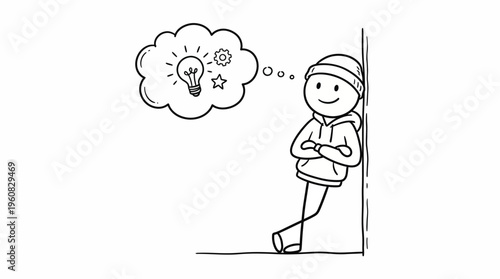 Happy stick figure man in a beanie leaning against a wall, having a creative idea with a lightbulb in a thought bubble, on an isolated white background.