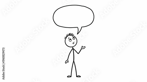 Confused stick figure man shrugging shoulders and looking up, speaking with a blank speech bubble, on an isolated white background.
