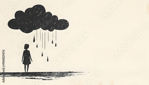 Silhouette of girl under black cloud,concept of depression and emotional weight,mental health awareness and youth sadness,visual metaphor of depression and silence,copy space for social message