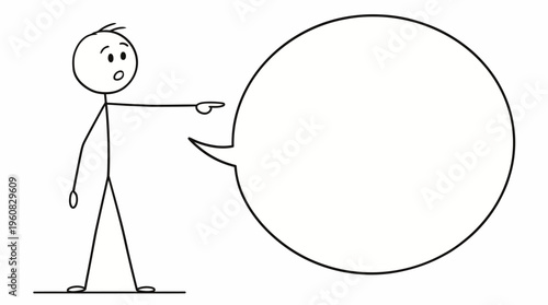 Surprised stick figure man pointing with concern while speaking with a blank speech bubble, on an isolated white background.