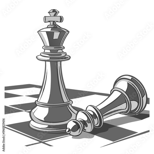 Illustration of a standing and a fallen chess king piece on a chessboard with a checkered pattern