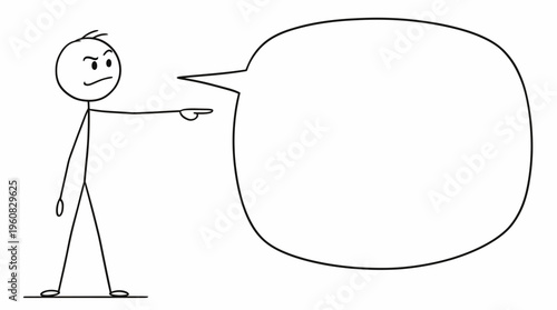 Angry stick figure man pointing while speaking loudly with a blank speech bubble, on an isolated white background.