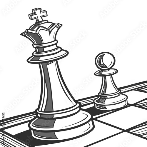 Black and white illustration of a king and pawn chess piece on a chessboard