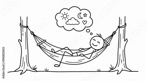 Happy Stick Figure Relaxing in Hammock Between Trees and Dreaming of Sunny Day