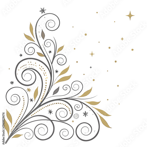Elegant floral design with swirling lines and gold stars