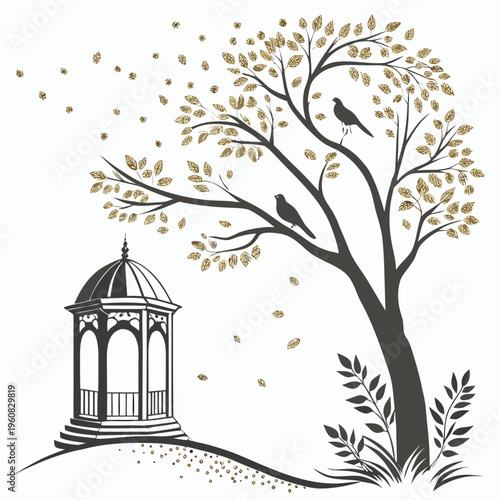 Vector illustration of a gazebo under a tree with falling leaves and birds