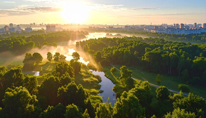 Golden Sunrise Over Lush Park with Waterways in City