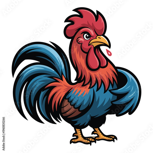 Mascot logo design features proud rooster with colorful feathers and comb.