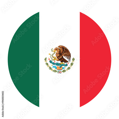 Circular vector illustration of the Mexican flag with coat of arms, isolated on white background.