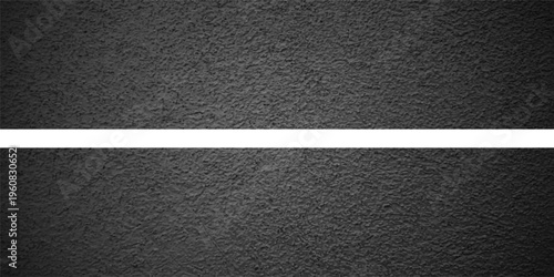 Asphalt road with white lane marking, concrete highway surface, texture. Street traffic line, road dividing strip. Pattern with grainy structure, grunge stone background. Vector illustration