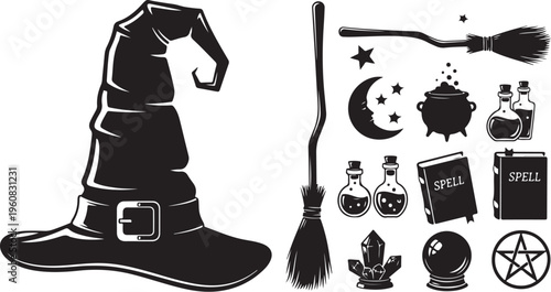 Black and white witchcraft symbols and magical objects illustration