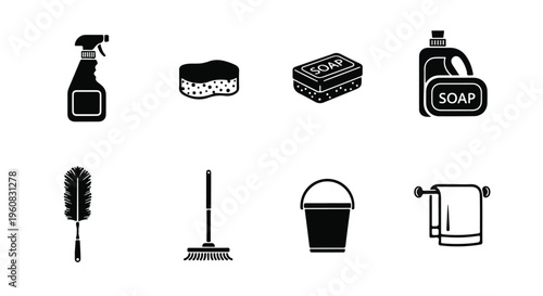 Cleaning supplies icon set with 8 black vector elements, household hygiene tools and janitorial equipment, sanitation and housekeeping symbols