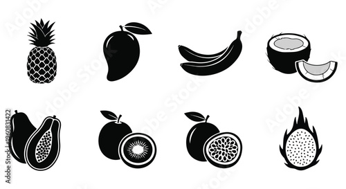 Tropical fruit icon set in black silhouette style, collection of 8 exotic fruit vectors, minimalist pineapple mango banana and coconut illustrations