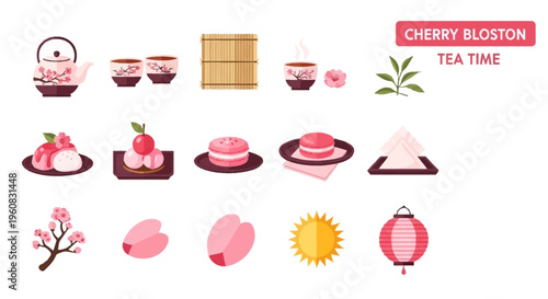 Cherry Blossom Tea Time Dessert Illustration.