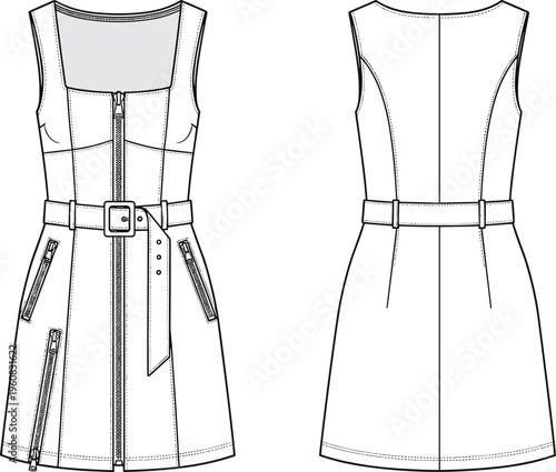 Women Button Down Flutter Sleeve Blouse Technical Fashion Flat Sketch Tiered Peplum Hem CAD Drawing Flat Vector Illustration Front Back,