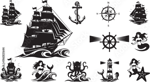 Nautical Symbols and Ships in Black and White Illustration