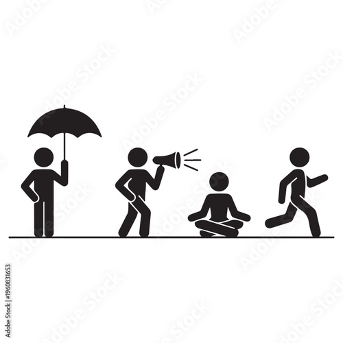 Stick Figure Sequence Set – Umbrella, Megaphone, Meditation and Walking Icons