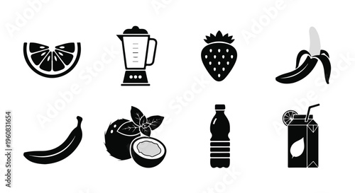 Smoothie and fruit juice icons set, 8 black vector elements for healthy lifestyle branding, fresh fruit and blender silhouettes for cafe menus