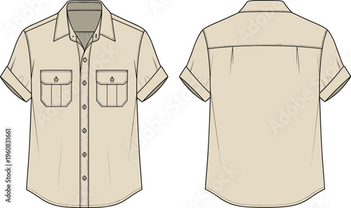 Women Button Down Flutter Sleeve Blouse Technical Fashion Flat Sketch Tiered Peplum Hem CAD Drawing Flat Vector Illustration Front Back,