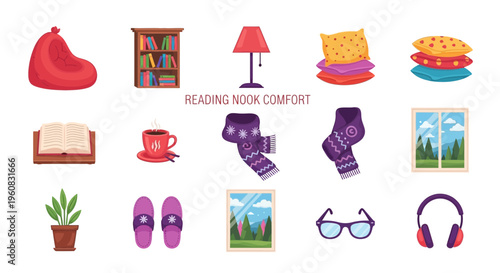 Cozy reading nook comfort concept icons.