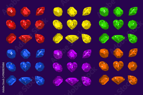 Set of vector colored gemstones of different shapes. Jewelry, collection of crystals, isolated on dark background. Gemstones in game style. Vector illustration, clipart