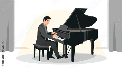 Pianist Performing on Stage Playing Grand Piano, Classical Music Concept