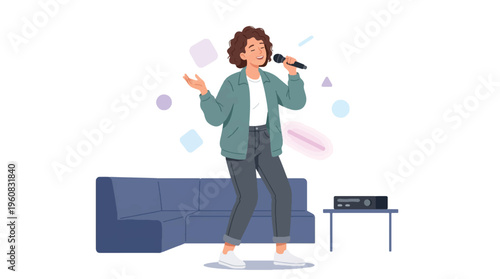 Person Singing in Karaoke Room with Microphone, Music Entertainment Concept
