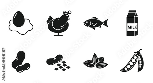 Protein food source icon set, black solid vector symbols of egg, chicken, fish, milk, beans, nuts and peas for healthy diet and nutrition