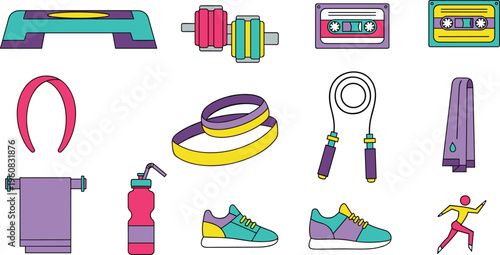 Fitness Aerobics Equipment Collection with Step Platform Dumbbells Headband Resistance Bands Jump Rope Water Bottle Shoes and Workout Accessories Flat Vector Illustration