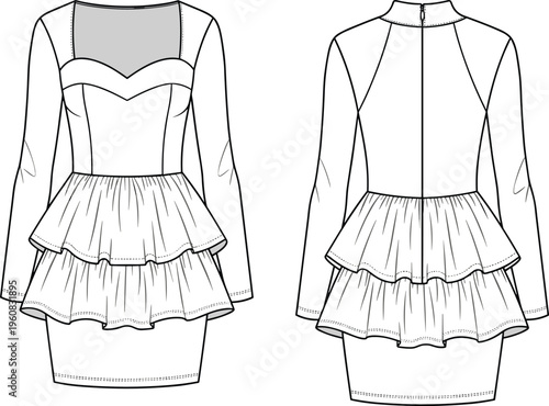 Women Flutter Sleeve V Neck Peplum Blouse Technical Fashion Flat Sketch Tiered Ruffle Hem CAD Drawing Flat Vector Illustration Front Back,