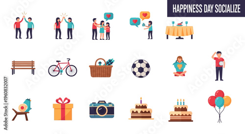 Happiness Day Social Media Icons Set.