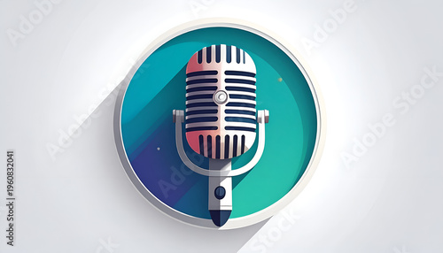 Retro microphone illustration on teal circle with long shadow for podcasting graphic