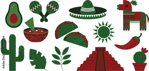 Traditional Mexican Culture and Fiesta Vector Set Featuring Sombrero Tacos Piñata Cactus and Mayan Pyramid for Travel and Culinary Design