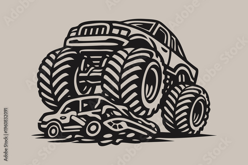 Monster Truck Crushing Car Woodcut Art
