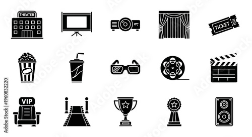 A grid of black silhouette icons related to cinema and film production