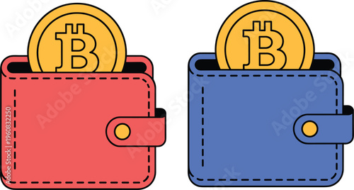 Digital Bitcoin Wallet Vector Set Featuring Crypto Currency Coins and Electronic Wallets for Blockchain and Financial Technology Design