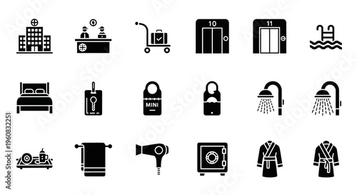 A grid of black silhouette icons representing hotel amenities and services