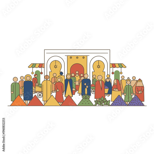 Diverse Group of People in Traditional Attire at a Market.