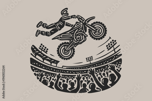 Motocross Freestyle Jump Stadium Crowds Linocut