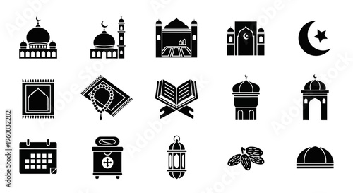 A grid of fifteen black silhouette icons related to Islamic culture and Ramadan
