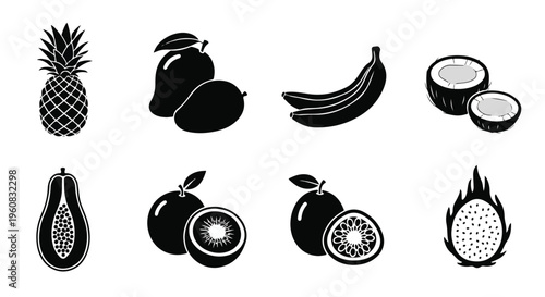 Tropical fruit icons set, black silhouette exotic fruits collection, set of 8 vector elements including pineapple, mango, banana, and dragon fruit