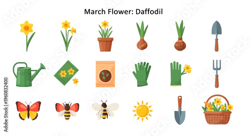 March Flower Daffodil Garden Icons Set.