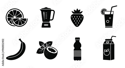 Smoothie and juice bar icons set, 8 black vector elements for healthy drinks, fruit and blender symbols for cafe menus and organic beverage branding