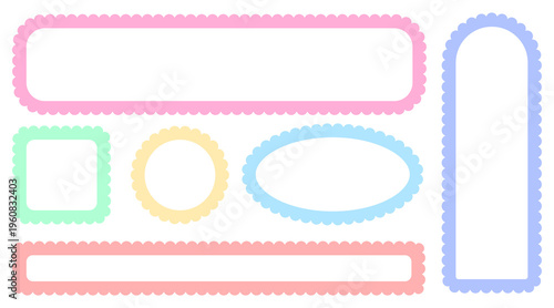 Scalloped pastel frames set isolated on transparent background. Cute colorful wavy borders in rectangle, circle and oval shapes. Vector decorative elements for kids stickers, labels and stationery.