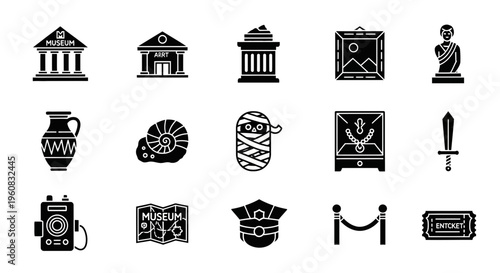 Collection of black and white museumthemed icons arranged in three rows